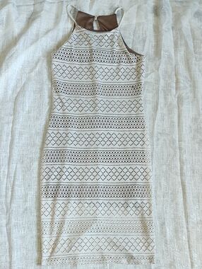 Poetry Cream Crochet Midi Sheath Dress with Taupe Lining